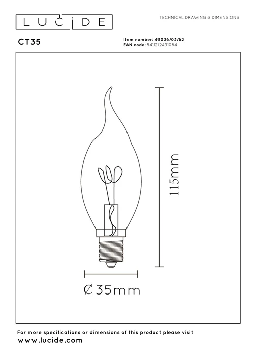 Lucide CT35 - Filament bulb - Ø 3,5 cm - LED Dim. - E14 - 1x3W 2200K - Amber - technical
